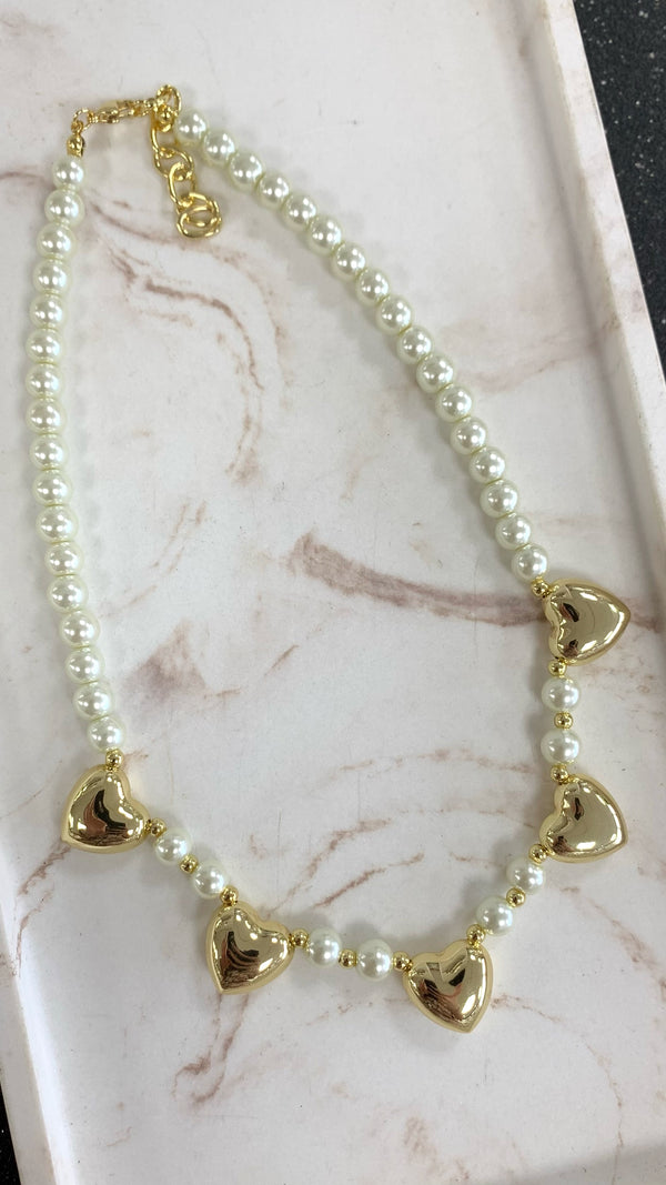 Five Globe Gold Hearts Pearls Necklace