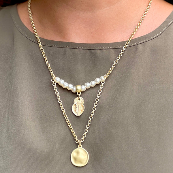 Two Layer Gold Necklace With Pearls, key and Heart