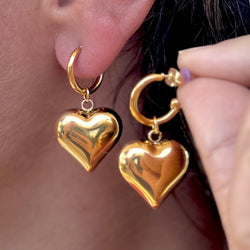 Hoop With Bold Heart Gold Earrings