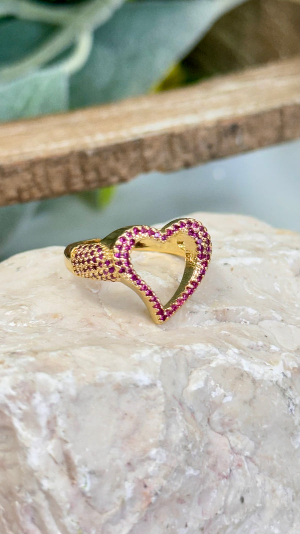 Open Heart With Fuchsia Quartz Gold Ring