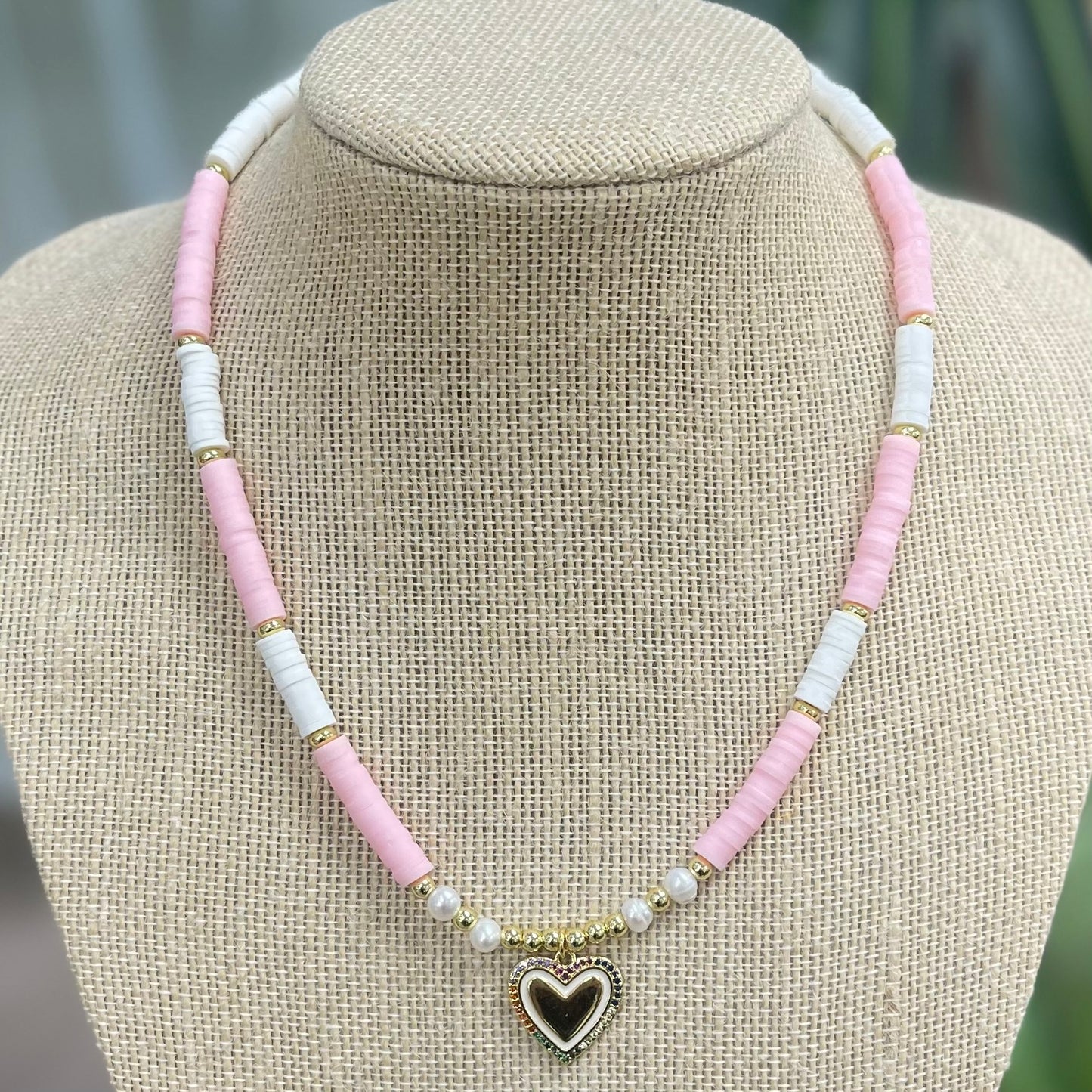 Multicolor Heart With Pearls Pink Necklace