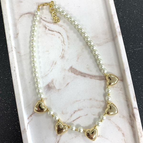 Five Globe Gold Hearts Pearls Necklace