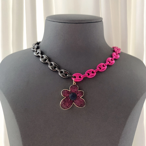 Black and Pink Chain Flower Necklace