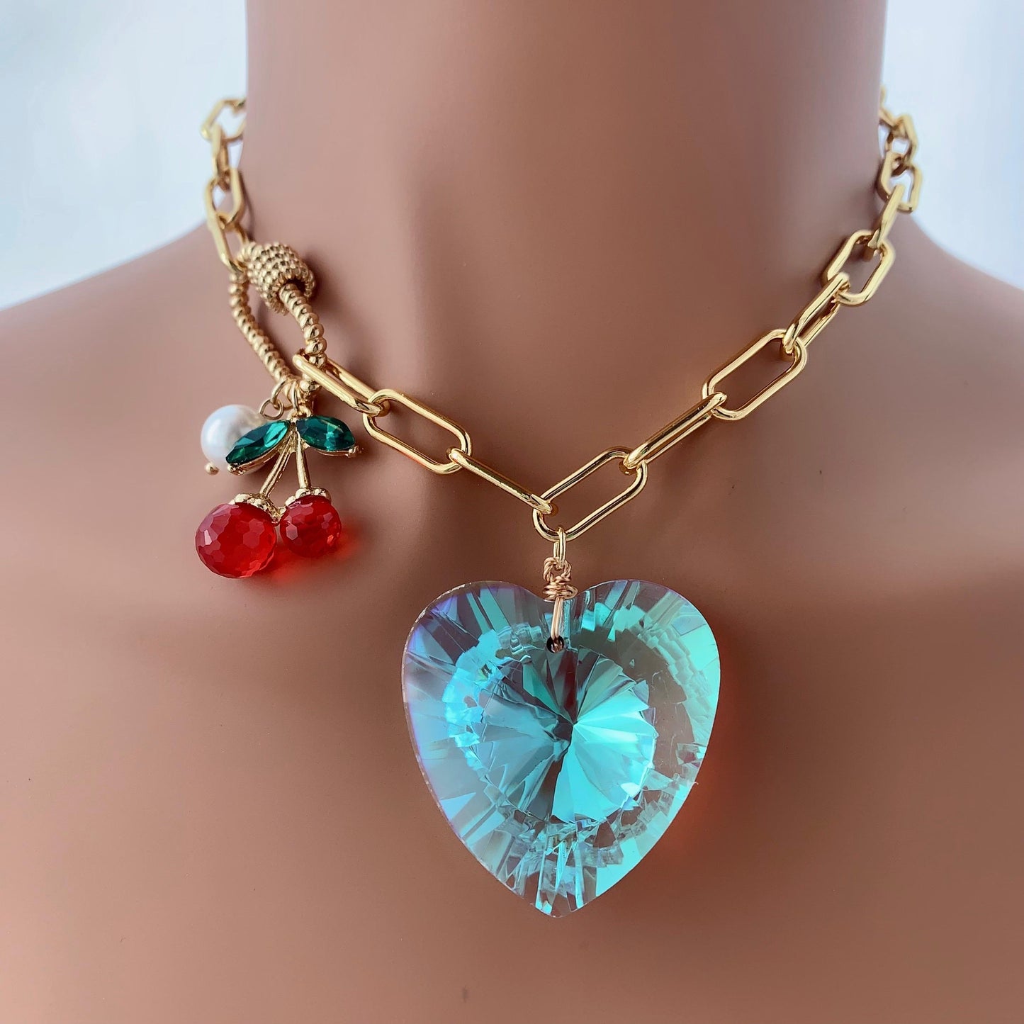 Crystal Heart With Cherry Necklace