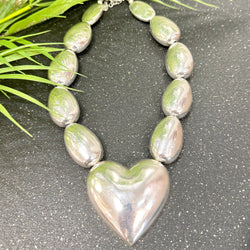 Big Bold Heart Oval Beads Silver Necklace