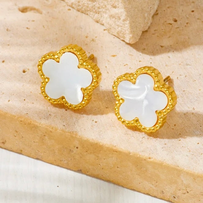 White Flower Gold Earrings