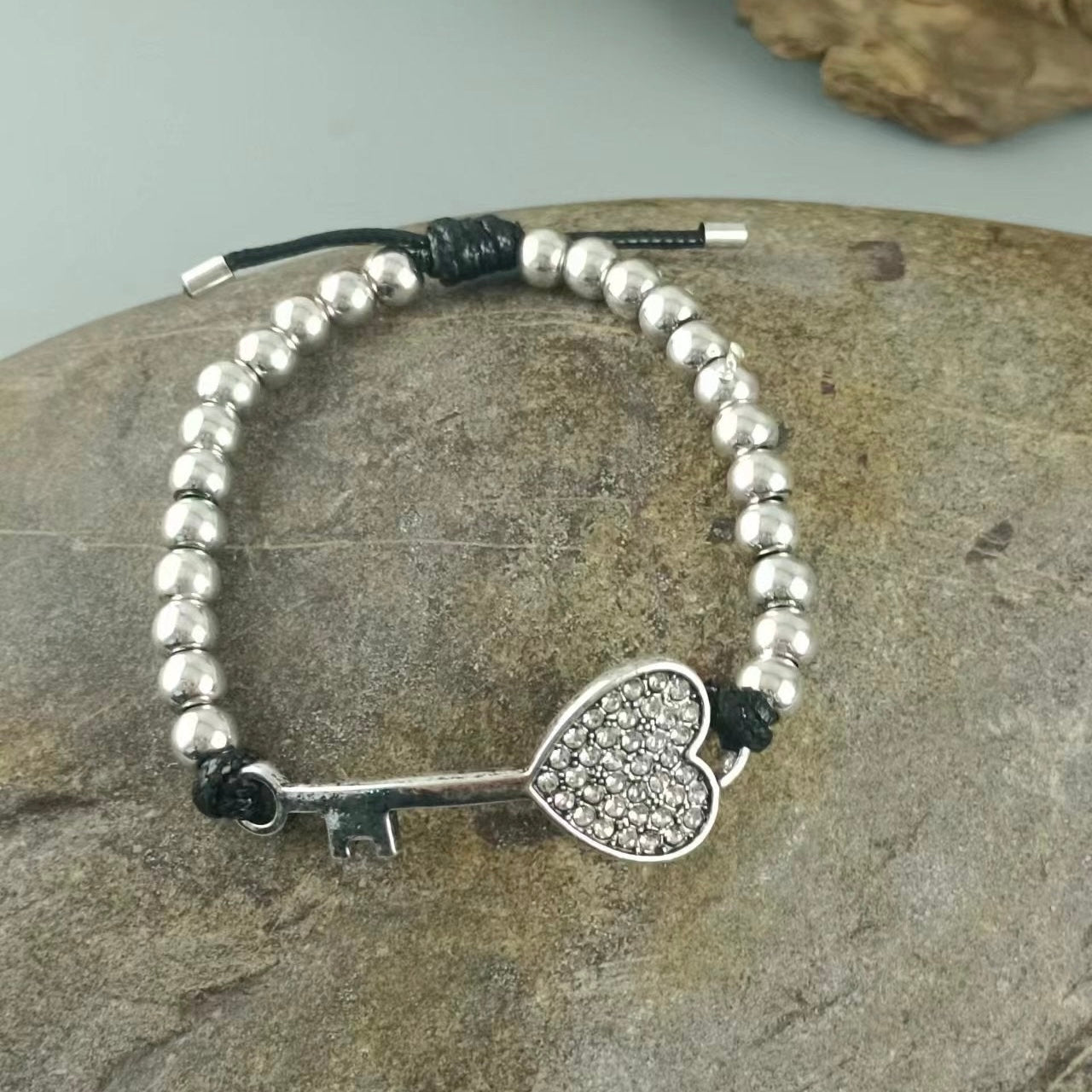 Crystal Heart Key Silver Bracelet