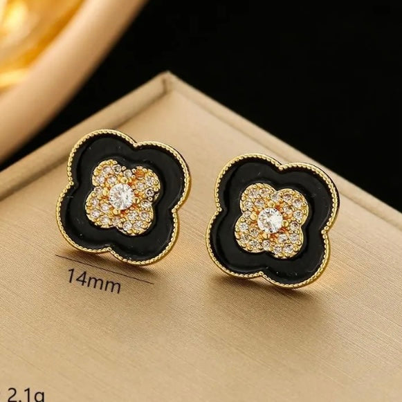 Black Clover With Zirconia Center Earrings