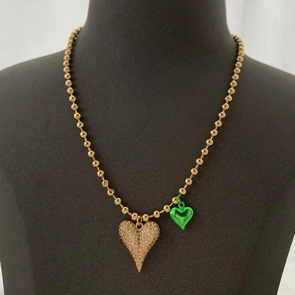 Quartz Heart With Green Small Heart Necklace