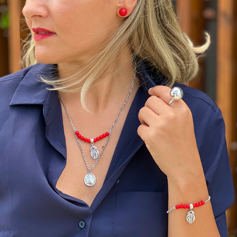 Two Layer Silver Necklace With Red, Key And Heart