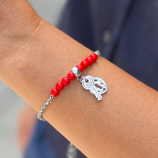 Silver Bracelet With Red, Key and Heart