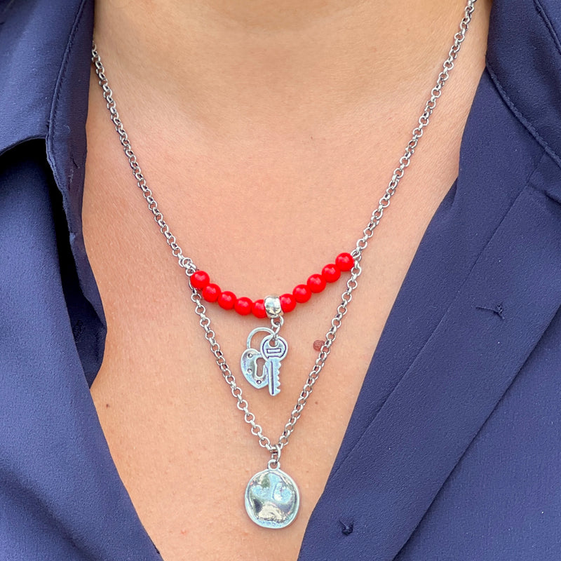 Two Layer Silver Necklace With Red, Key And Heart