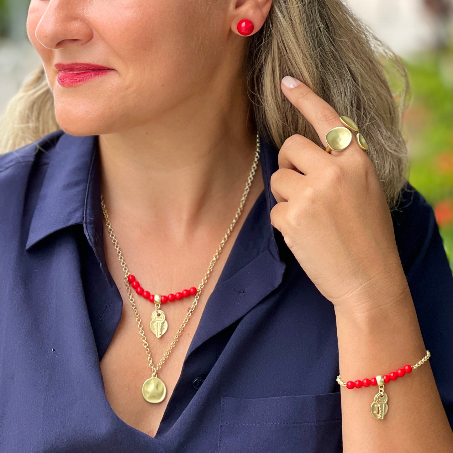 Two Layer Gold Necklace With Red, key and Heart