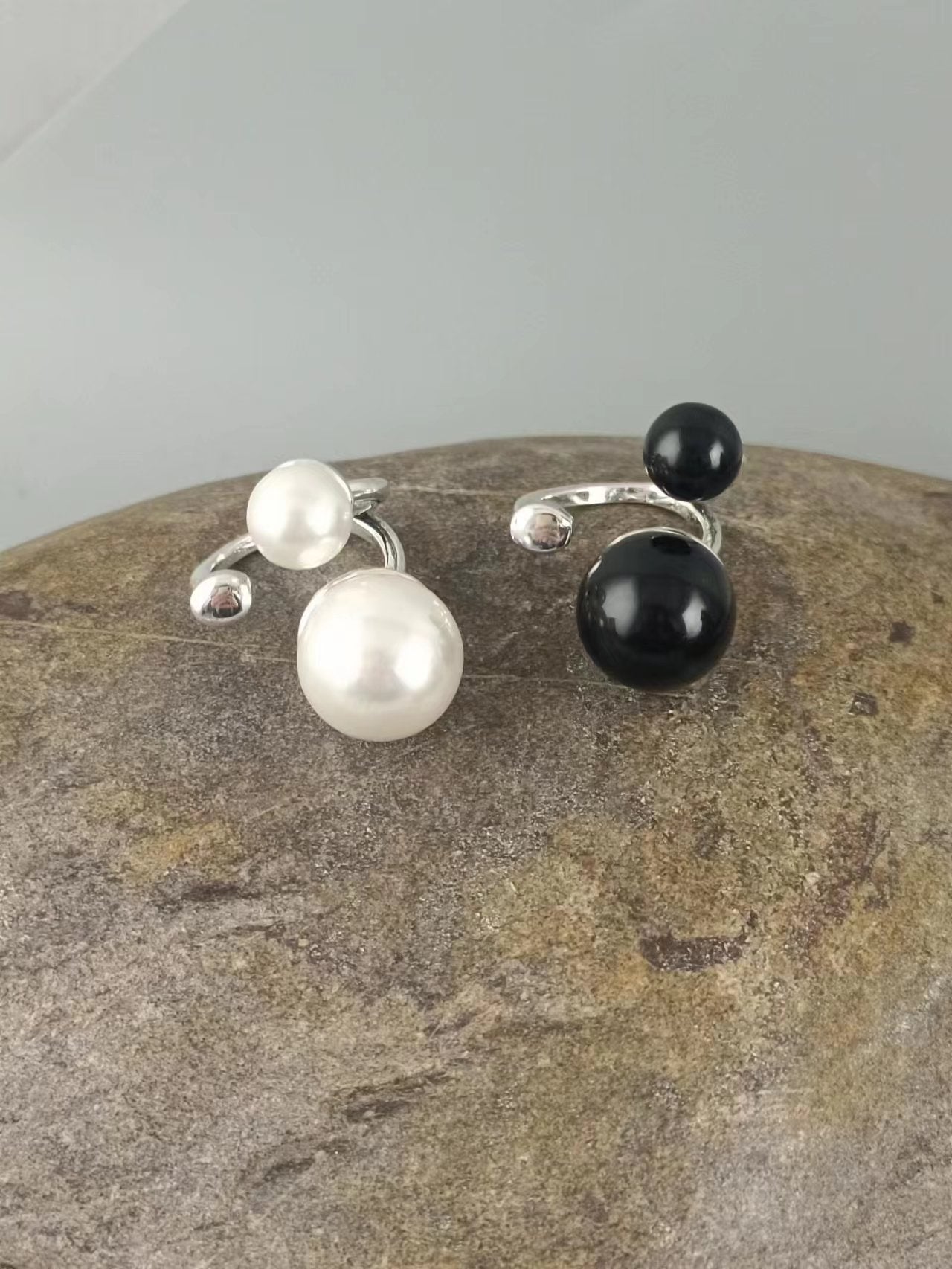 Silver Ring With Two Black Balls