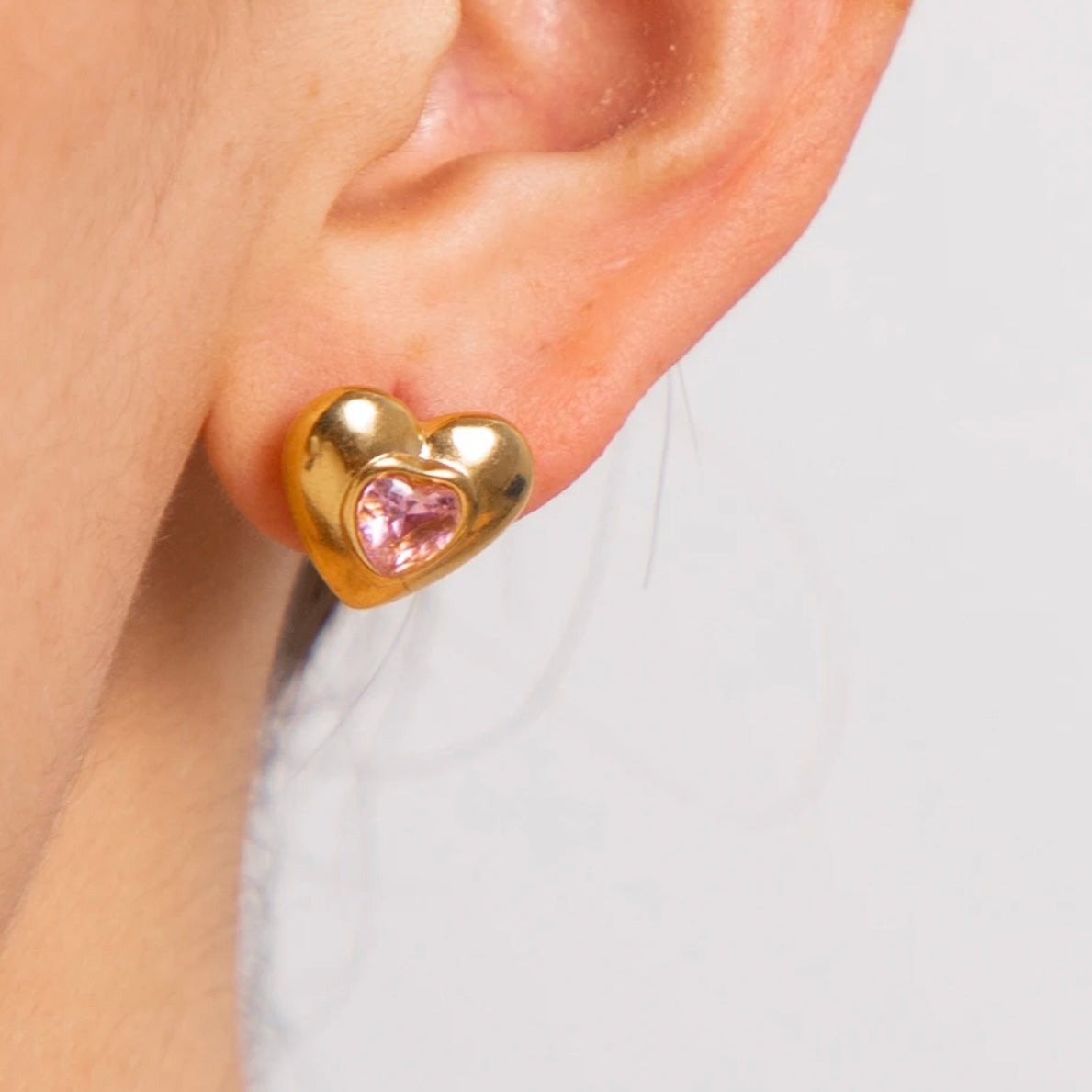 Heart With Pink Quartz Gold Earrings