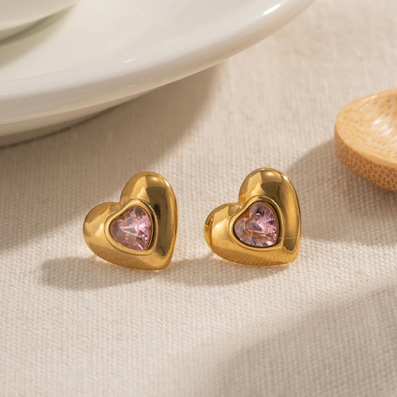 Heart With Pink Quartz Gold Earrings