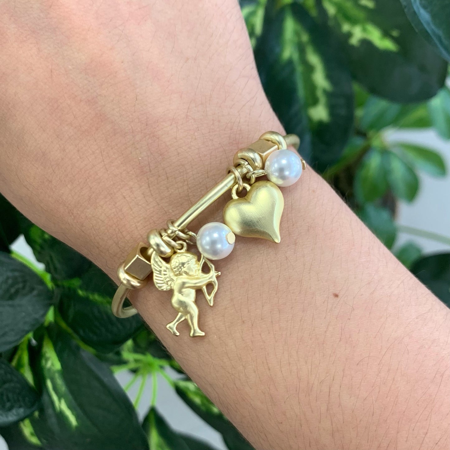 Open Gold Bracelet with Pearls, Heart and Cupid