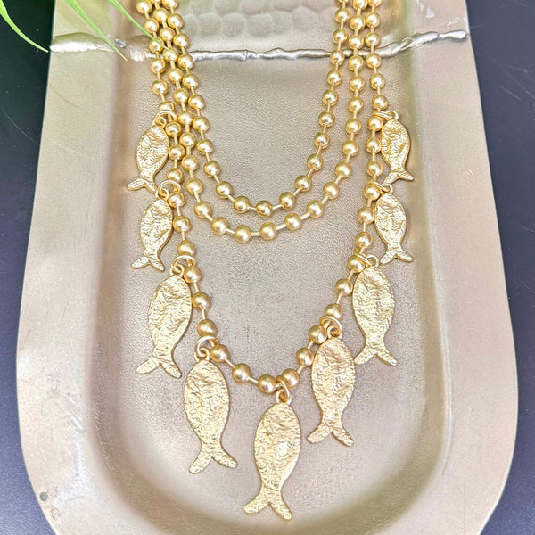 Snowball 3 layers hanging fish gold Necklace