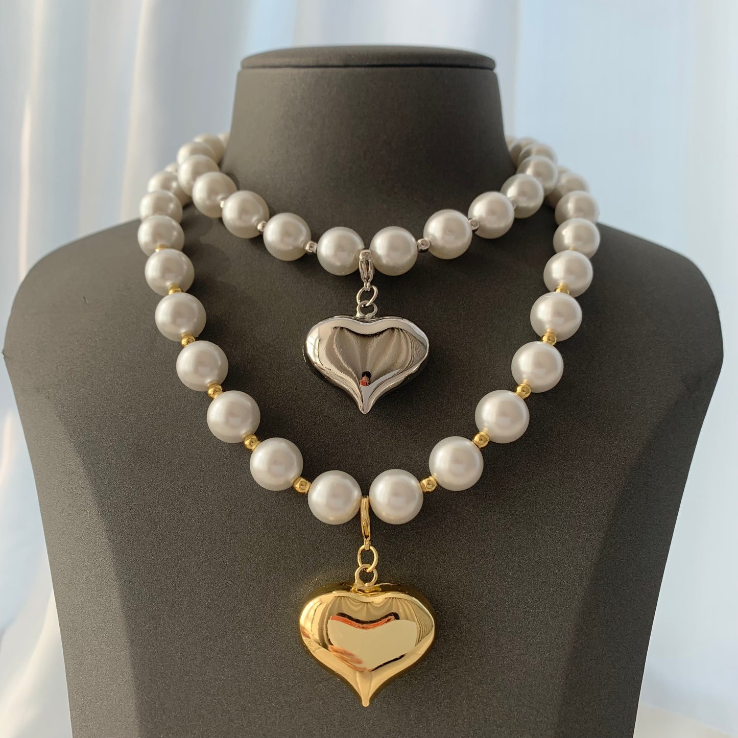 Pearl With Gold Bubble Heart Necklace