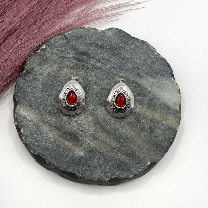 Drops With Red Stones Silver Earrings