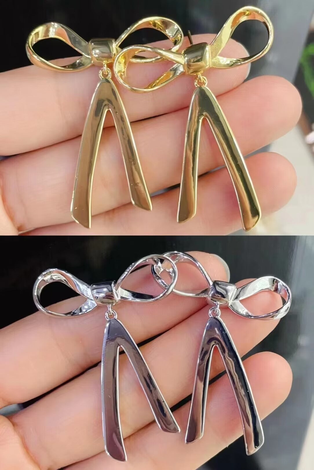 Bow Long Silver Earring