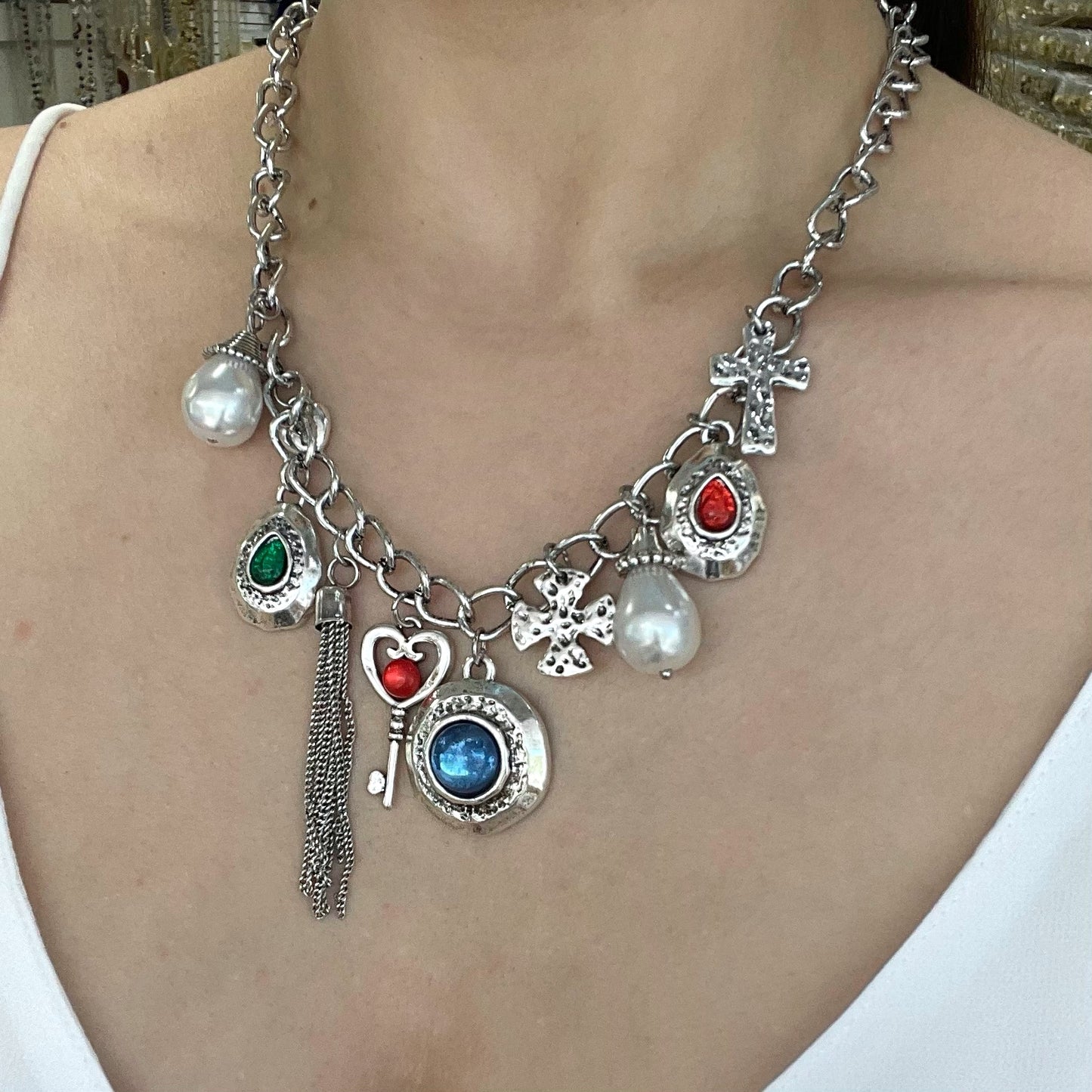 Mix Charms With Tuft Silver Necklace