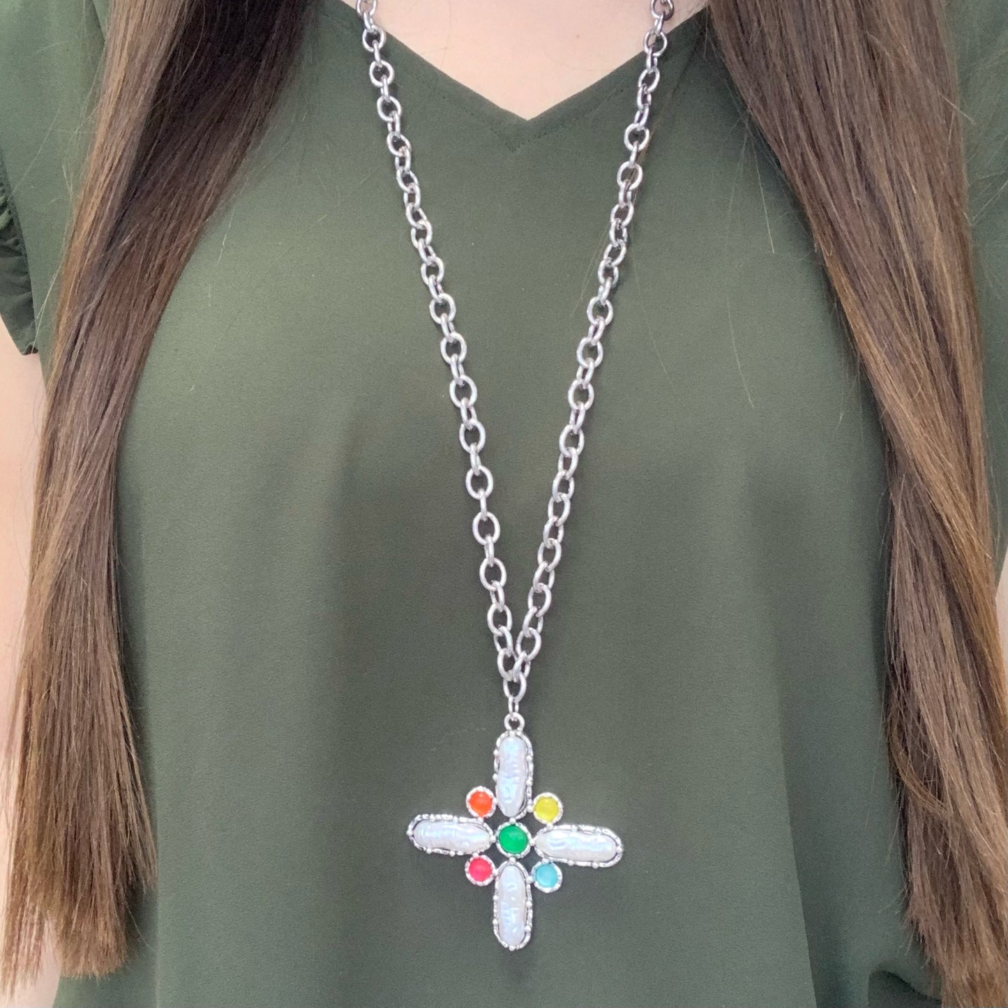 Pearl Cross Silver Necklace