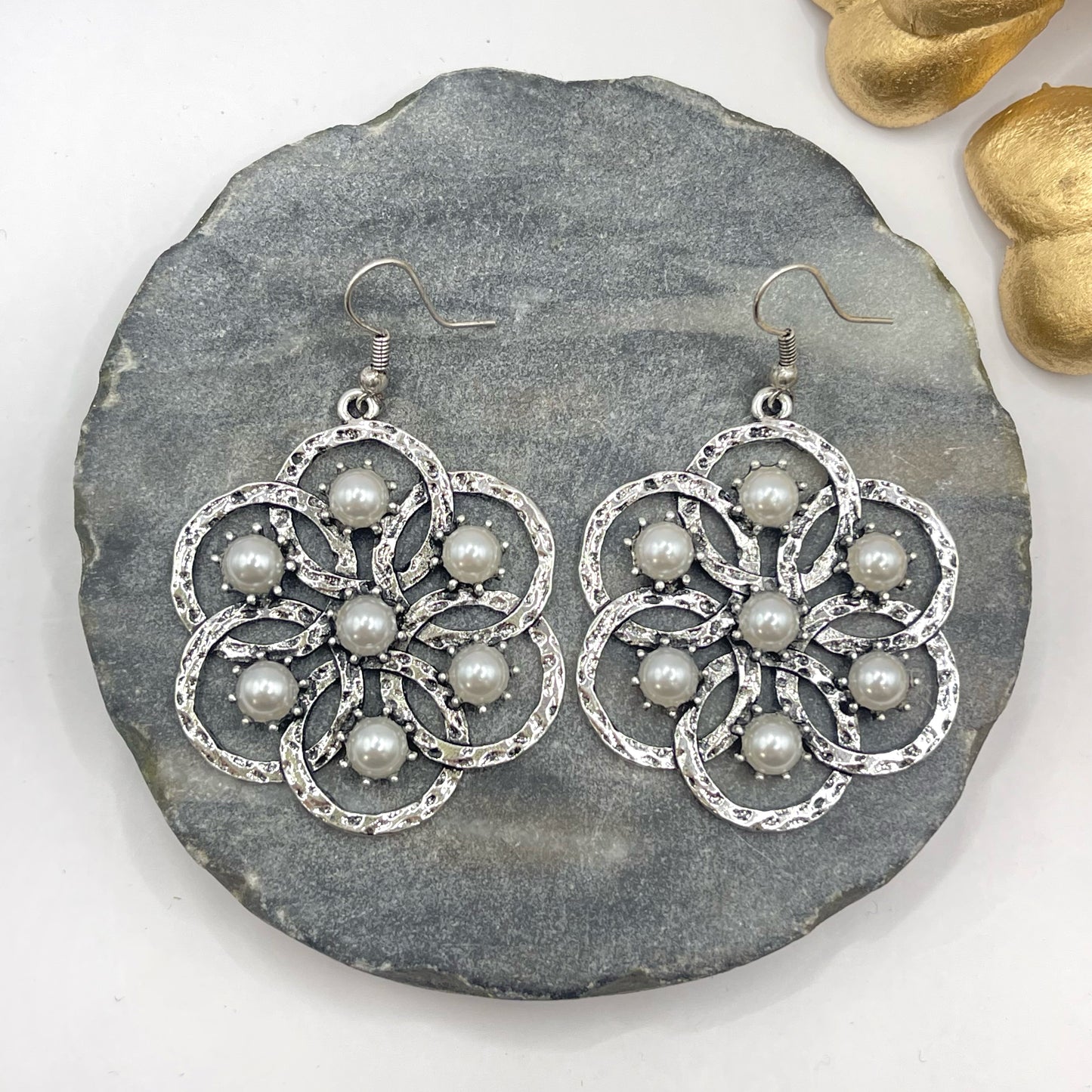 Circular Flower Silver Pearls Earrings