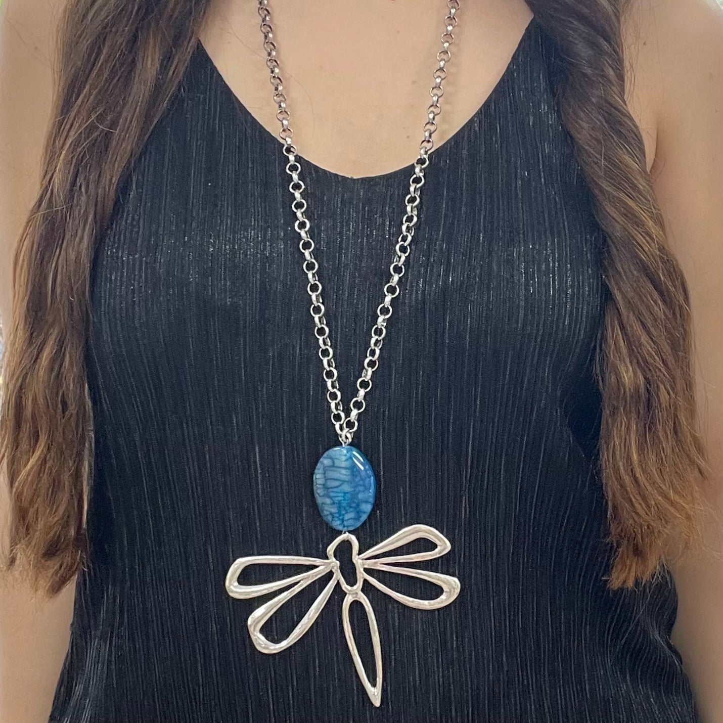 Dragonfly With Blue Stone Silver Necklace