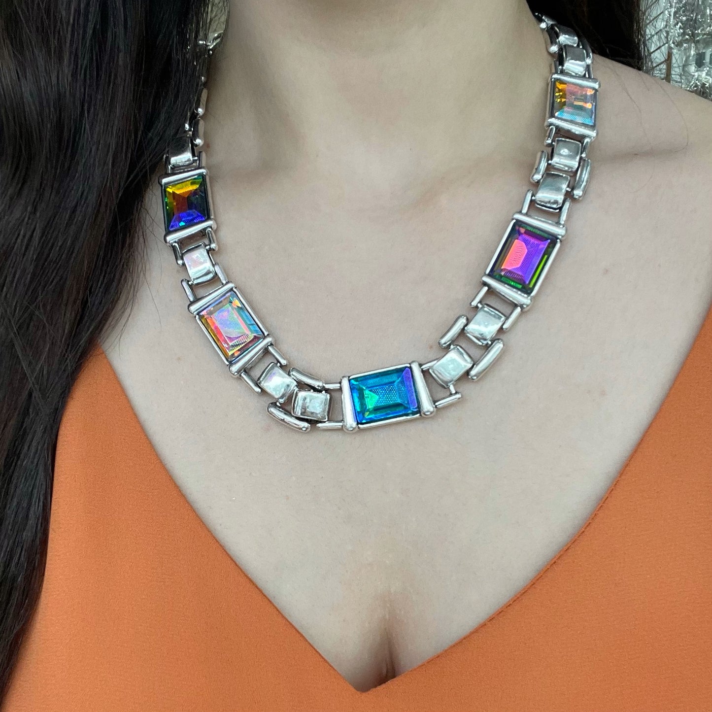 Colorful Rectangles Silver Necklace