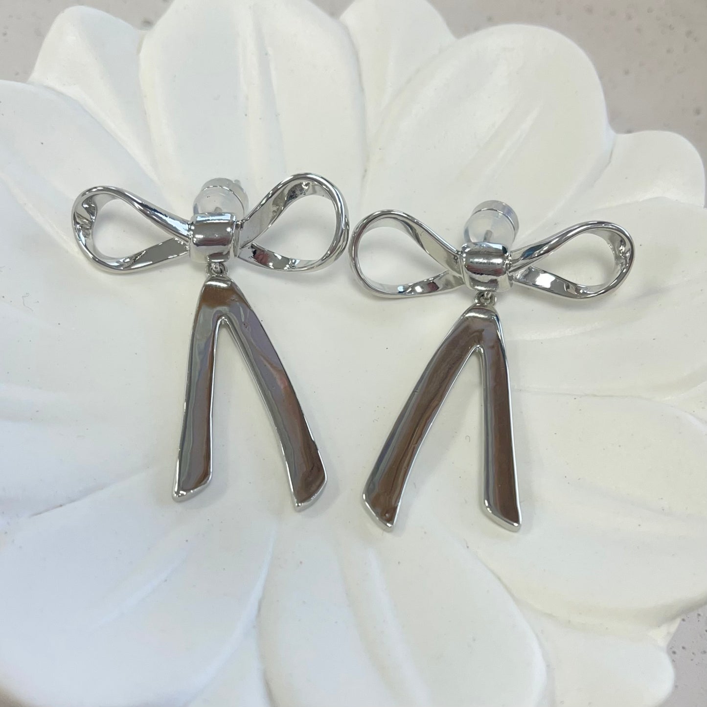 Bow Long Silver Earring