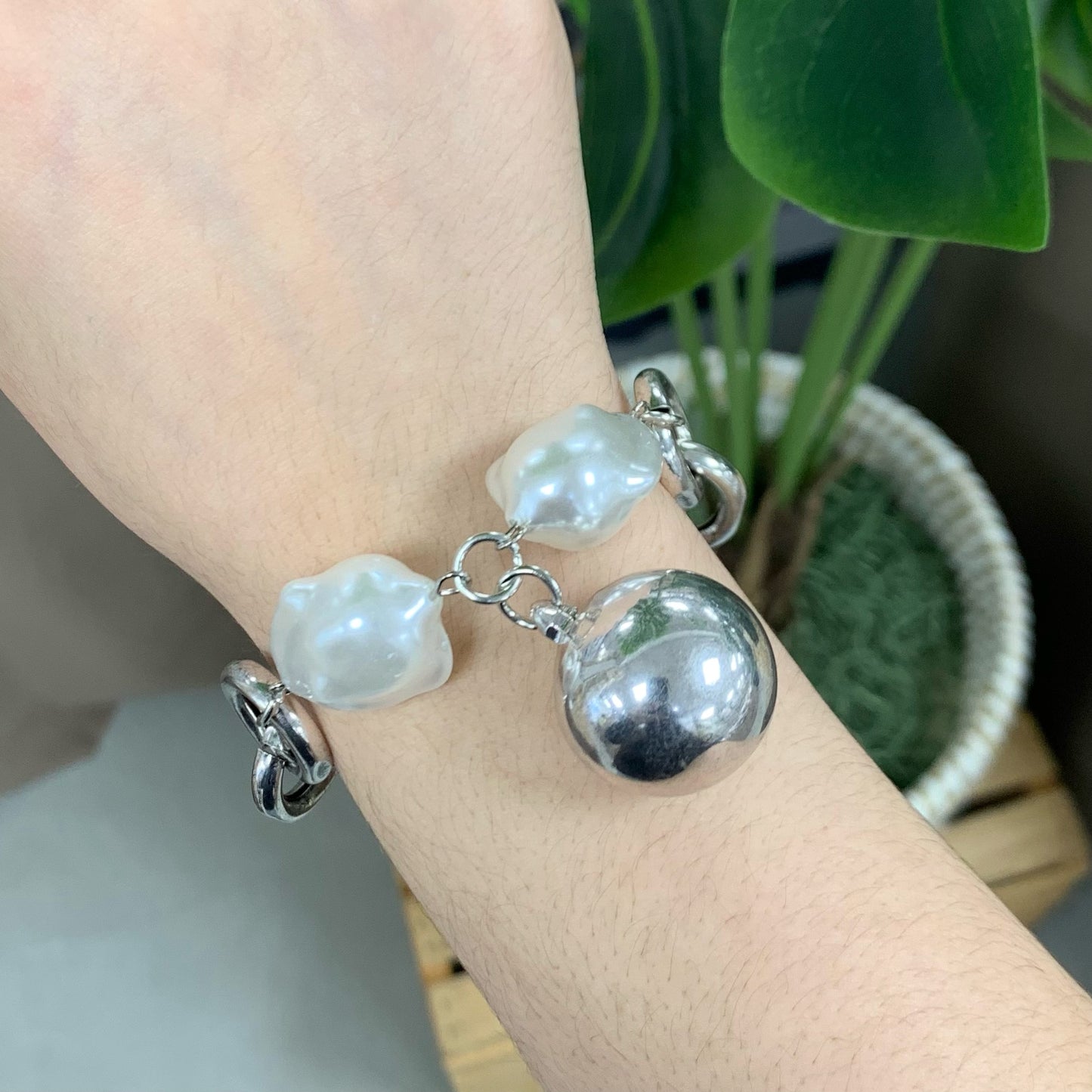 Big Ball With Pearl Silver Bracelet