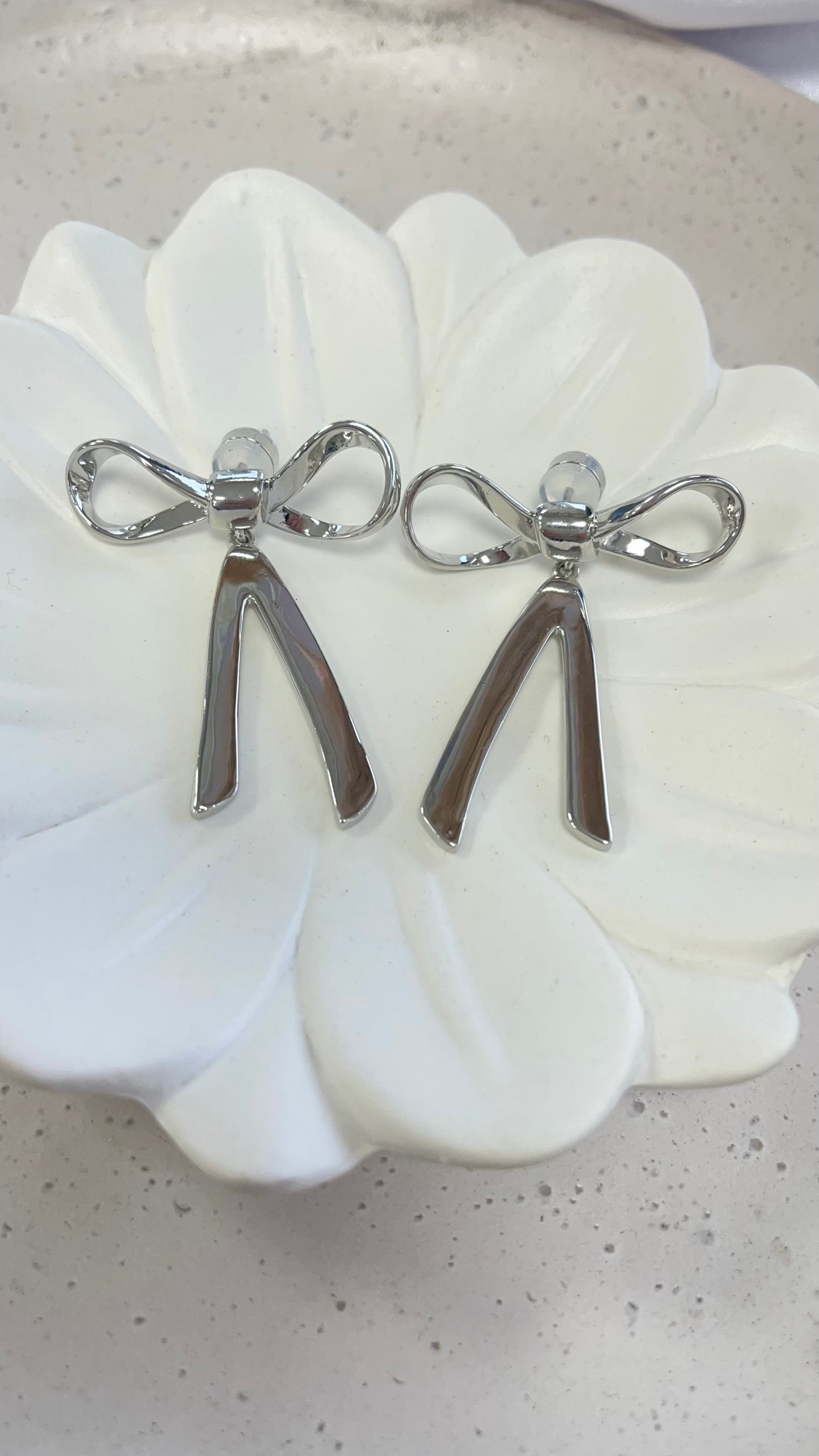 Bow Long Silver Earring