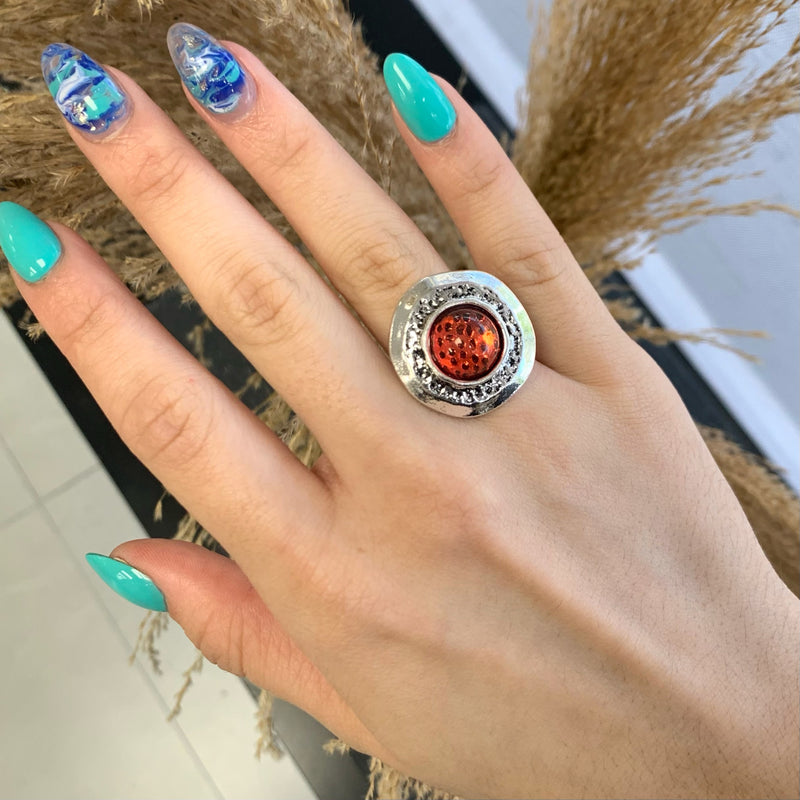 Circular Red Stone Silver Ring