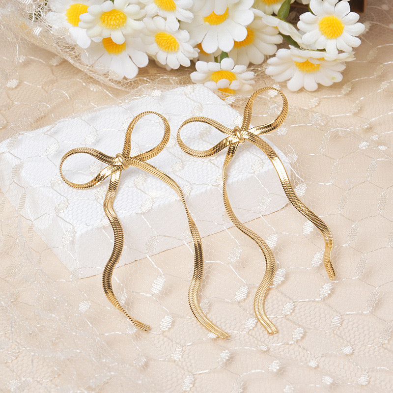 Gold Long Bow Earrings