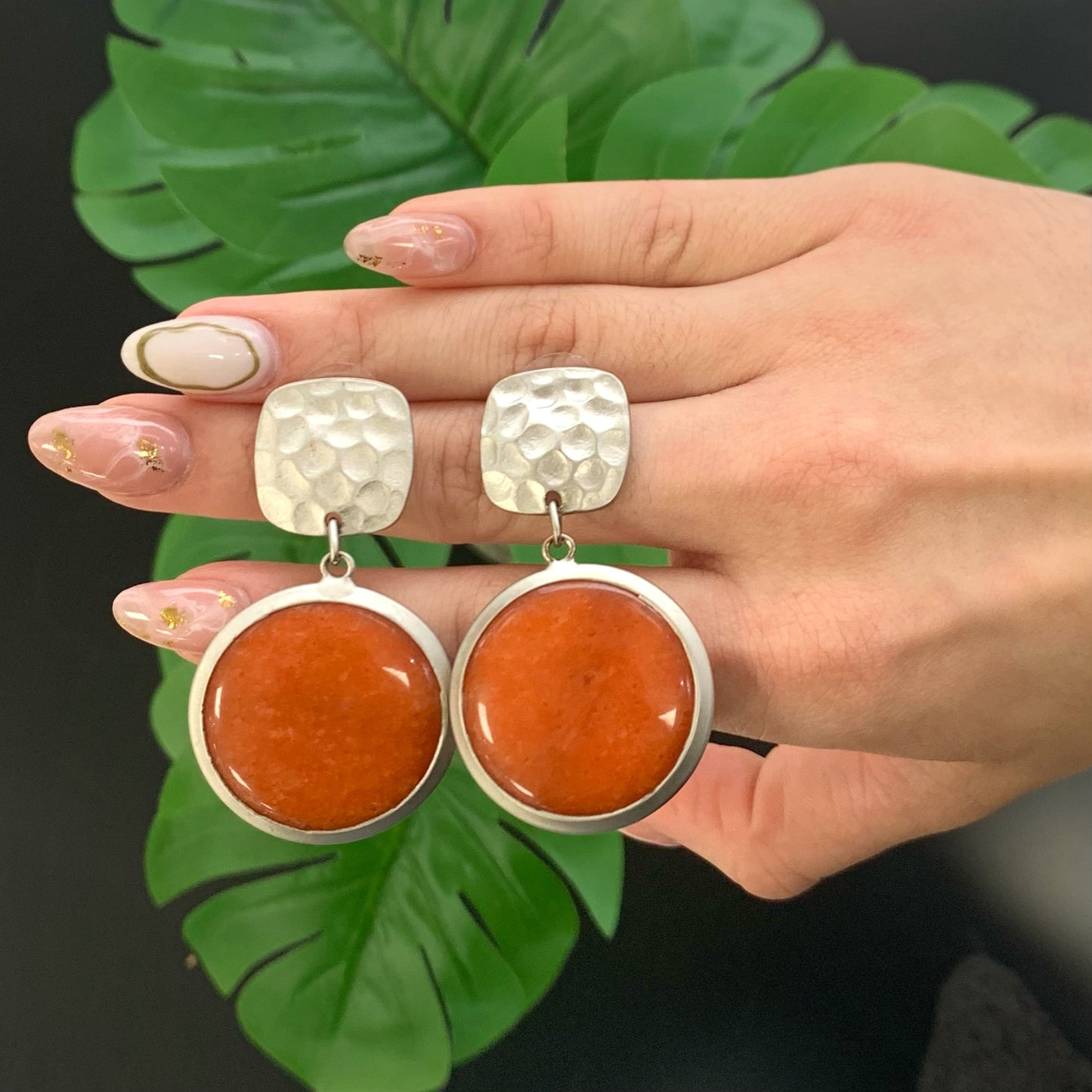 Round Orange Silver Earring