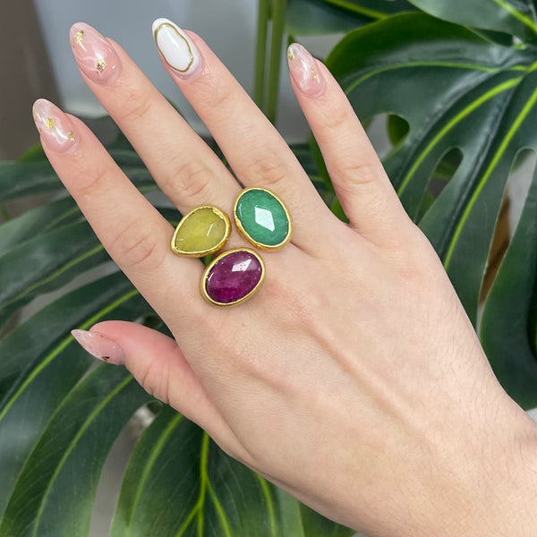 3 Stones Ring Green, Yellow and Fuchsia