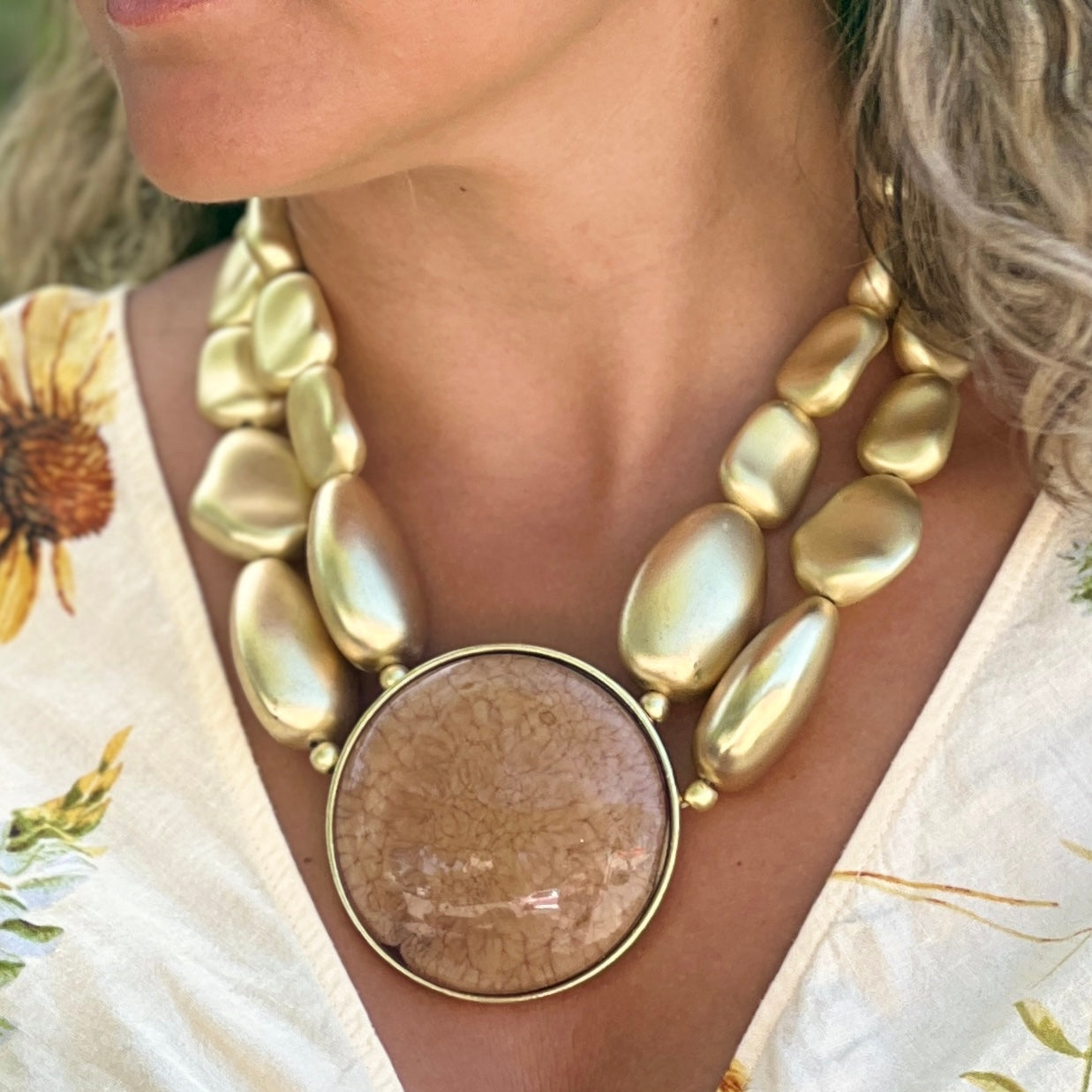 Two Layers Light Brown Round Gold Necklace