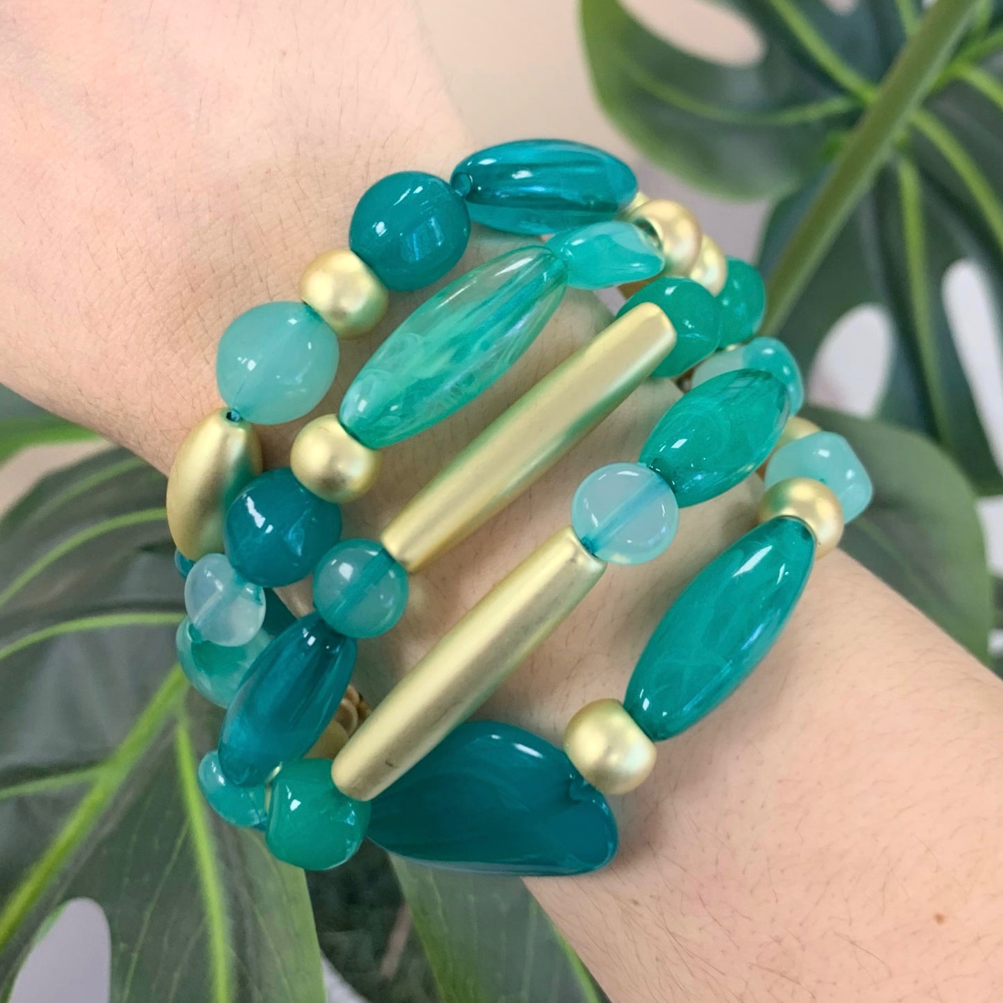 5 Layers Aqua Almond Gold Bracelet