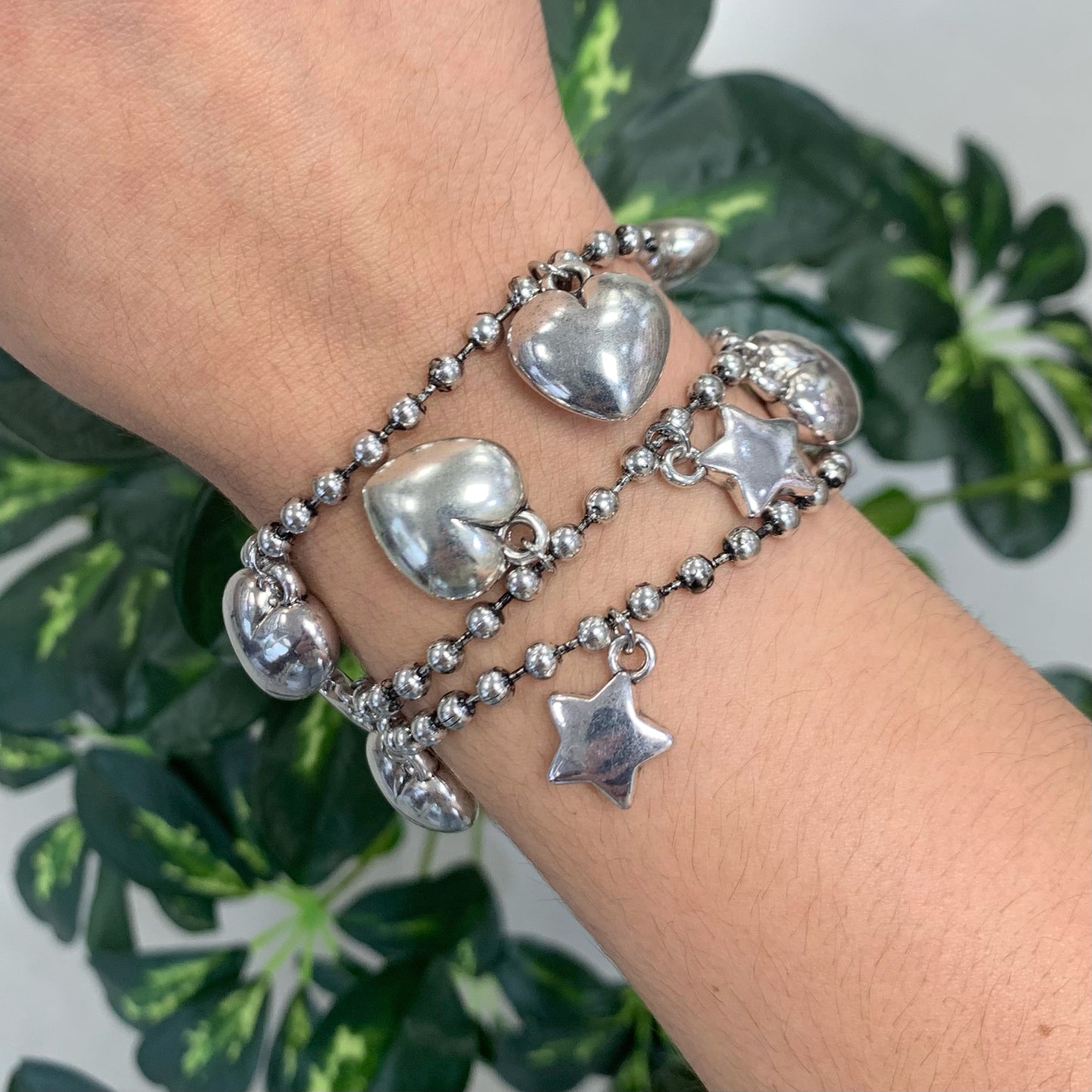 3 Layers With Hearts and Stars Silver Bracelet