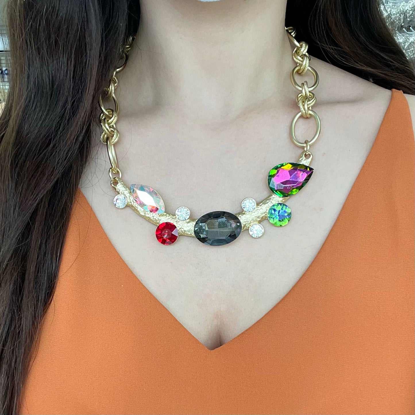 Multicolors Stones Black Gold Necklace