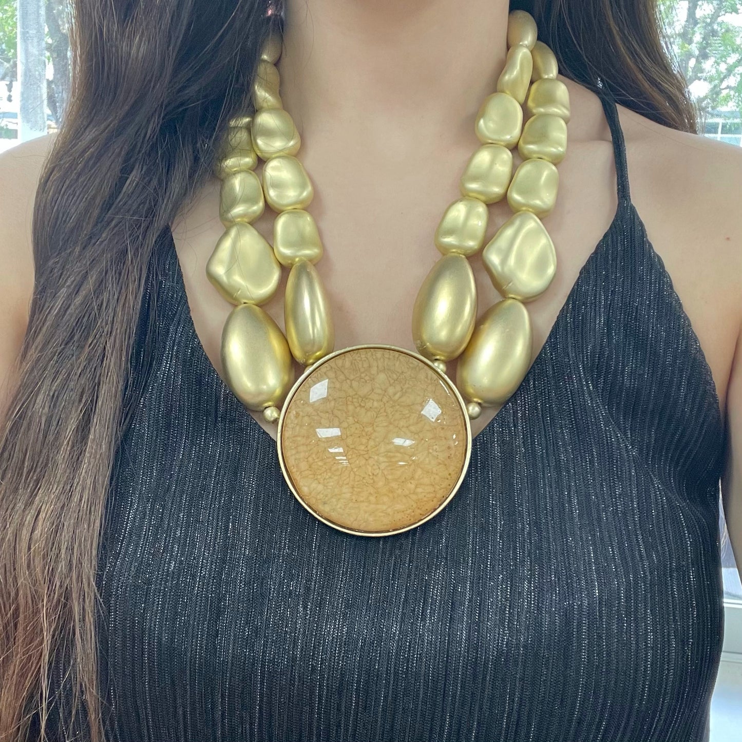 Two Layers Light Brown Round Gold Necklace