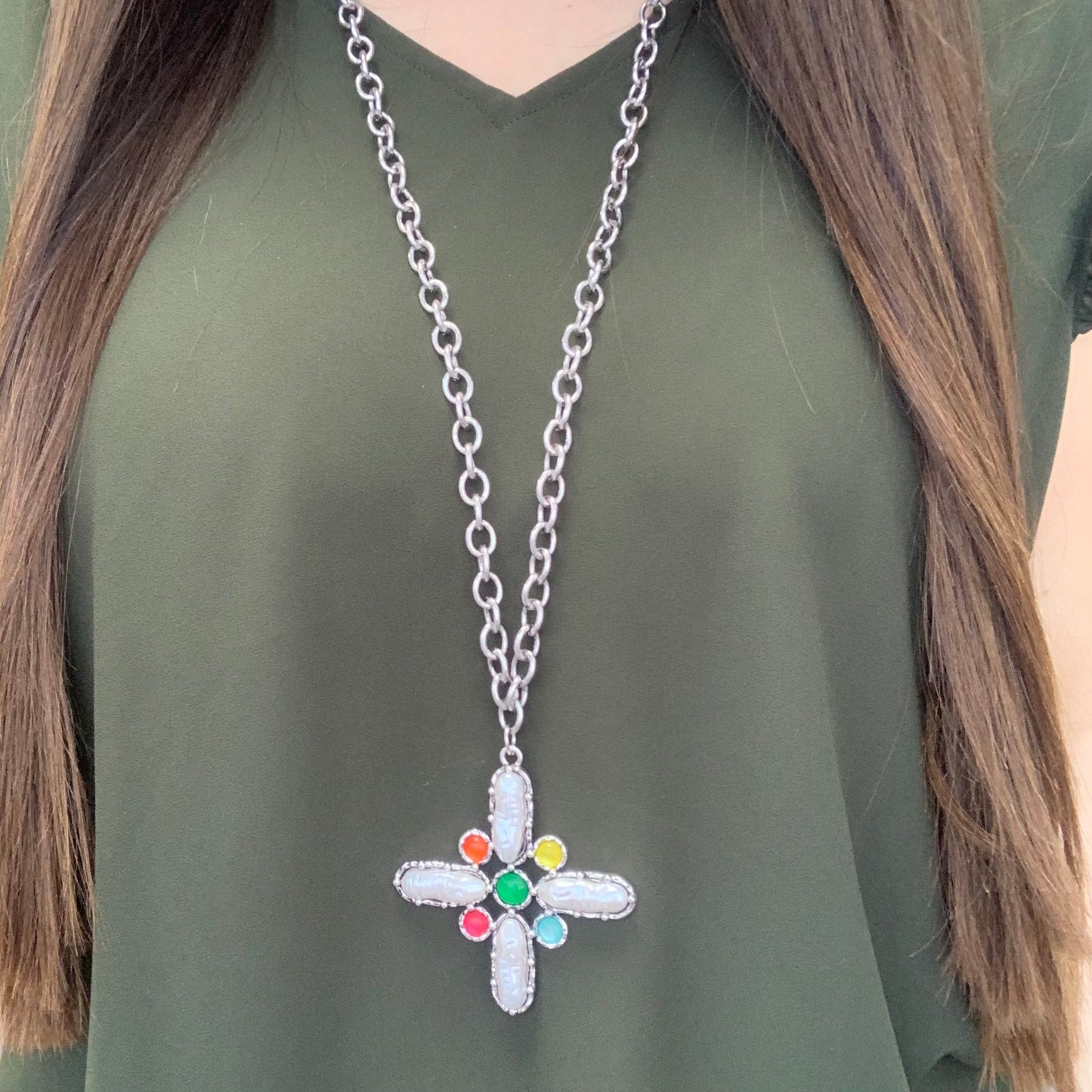 Pearl Cross Silver Necklace