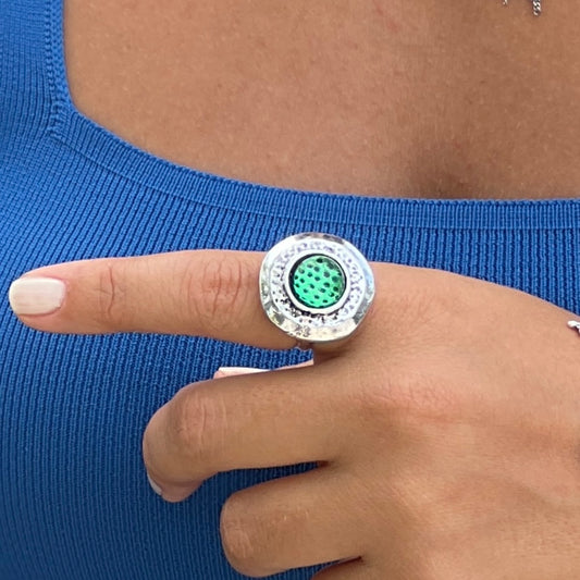 Circular Green Stone Silver Ring