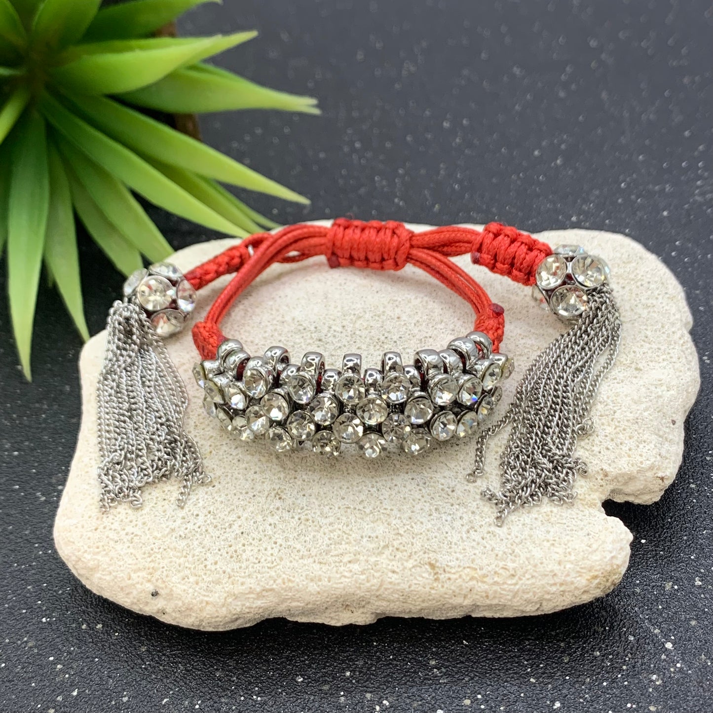 Red Rope Silver Diamonds Bracalet