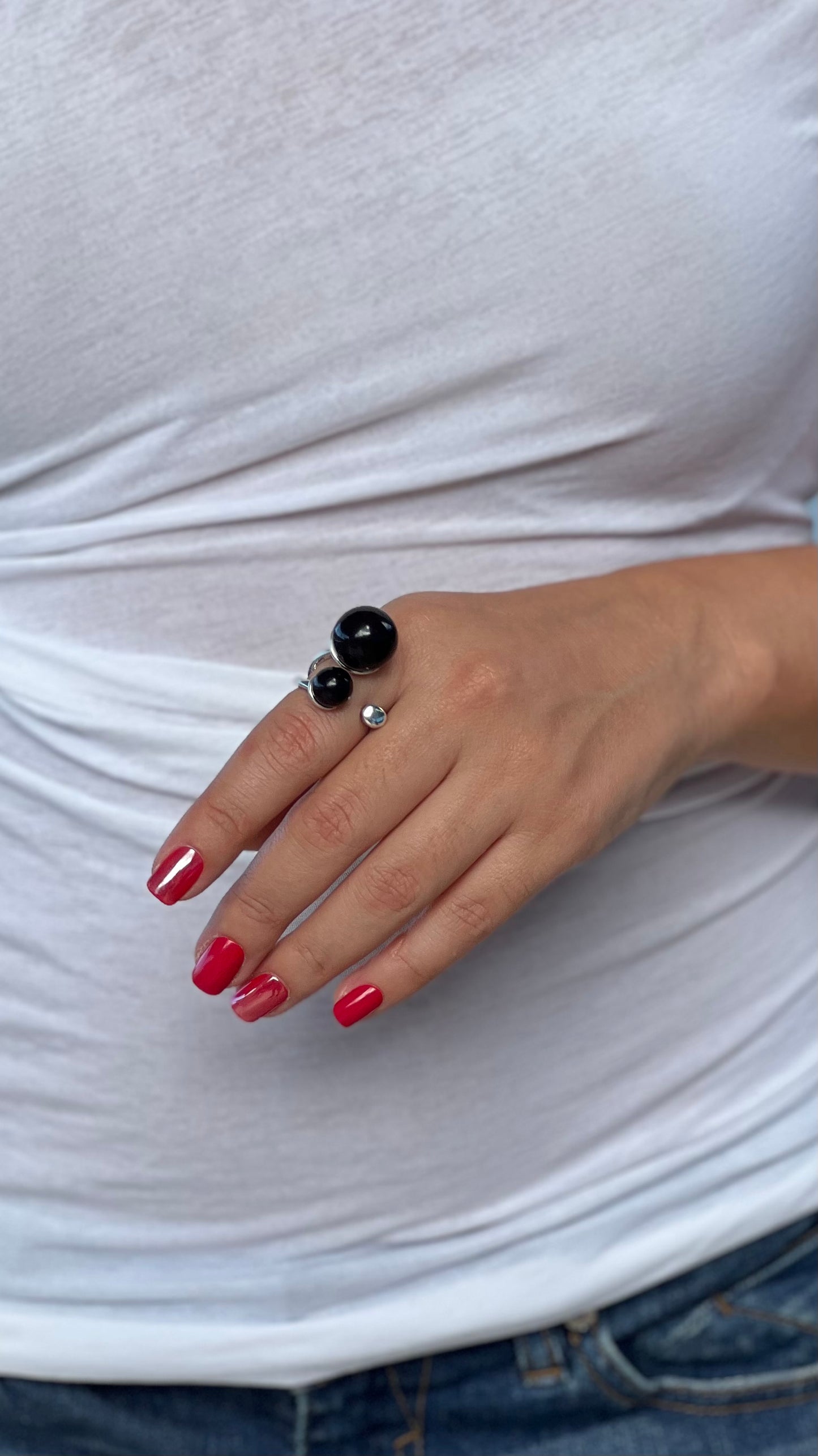 Silver Ring With Two Black Balls