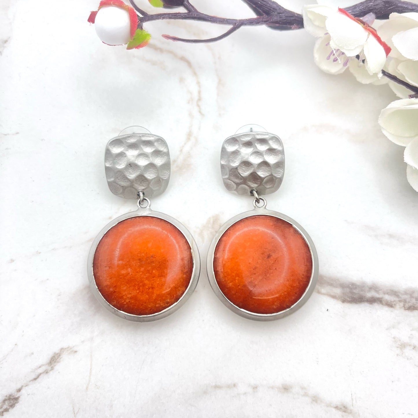 Round Orange Silver Earring