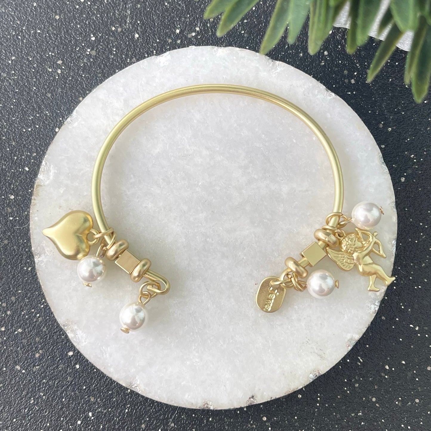 Open Gold Bracelet with Pearls, Heart and Cupid