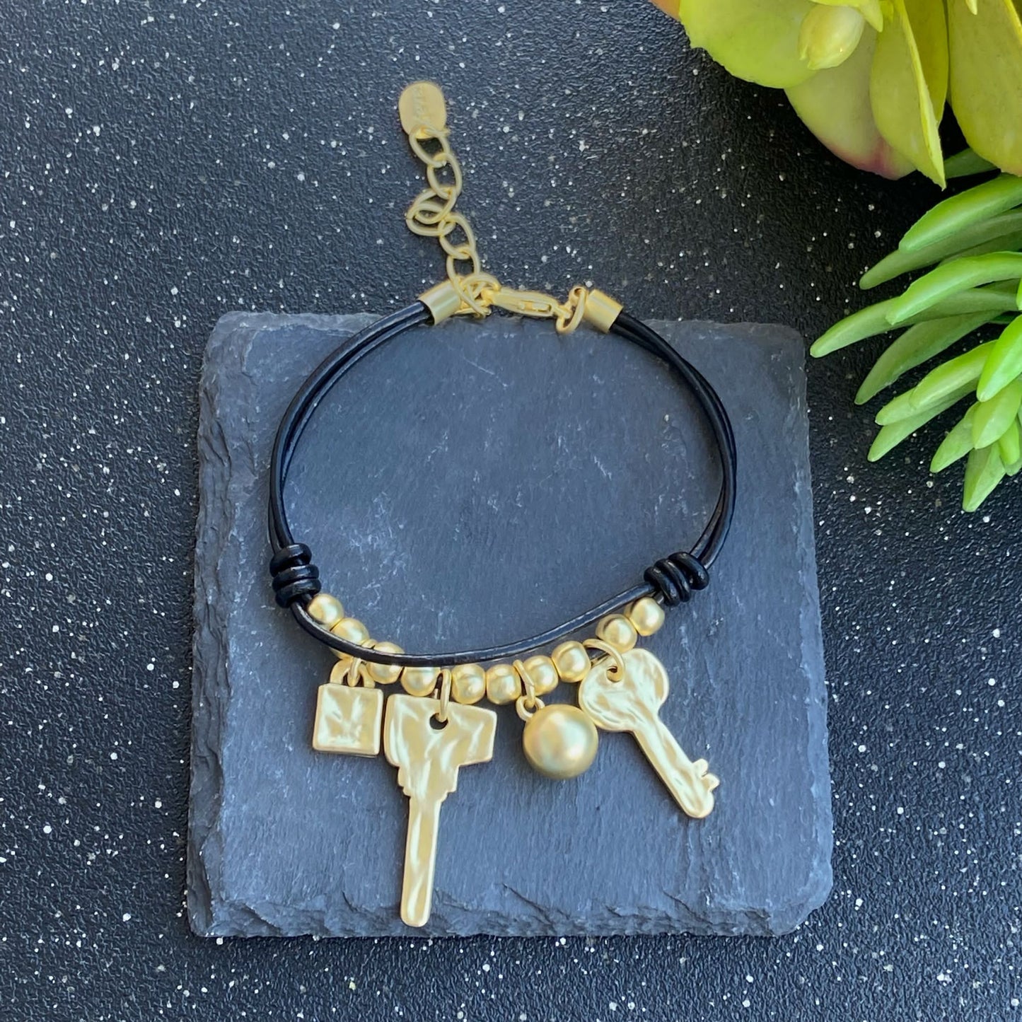 Black Cord With Gold Key Charms