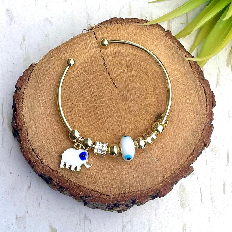 Elephant White Evil Eye Charm Gold Bangle